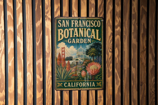 A vintage-style metal sign for the San Francisco Botanical Garden in California, featuring a colorful illustration of the garden's landscape and iconic landmarks.