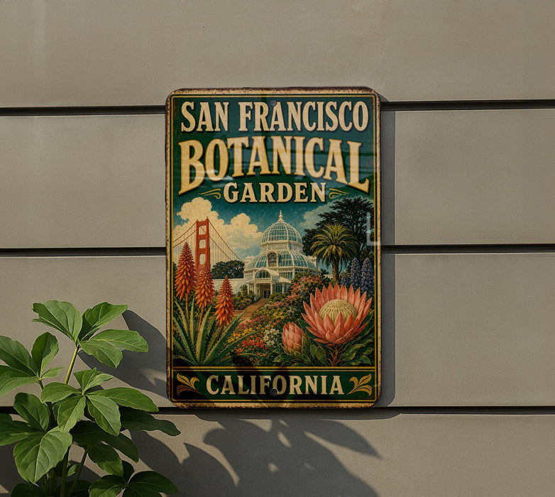 A metal sign with a colorful illustration of a garden and the text "SAN FRANCISCO BOTANICAL GARDEN" is displayed on a wall, with a plant to the left.