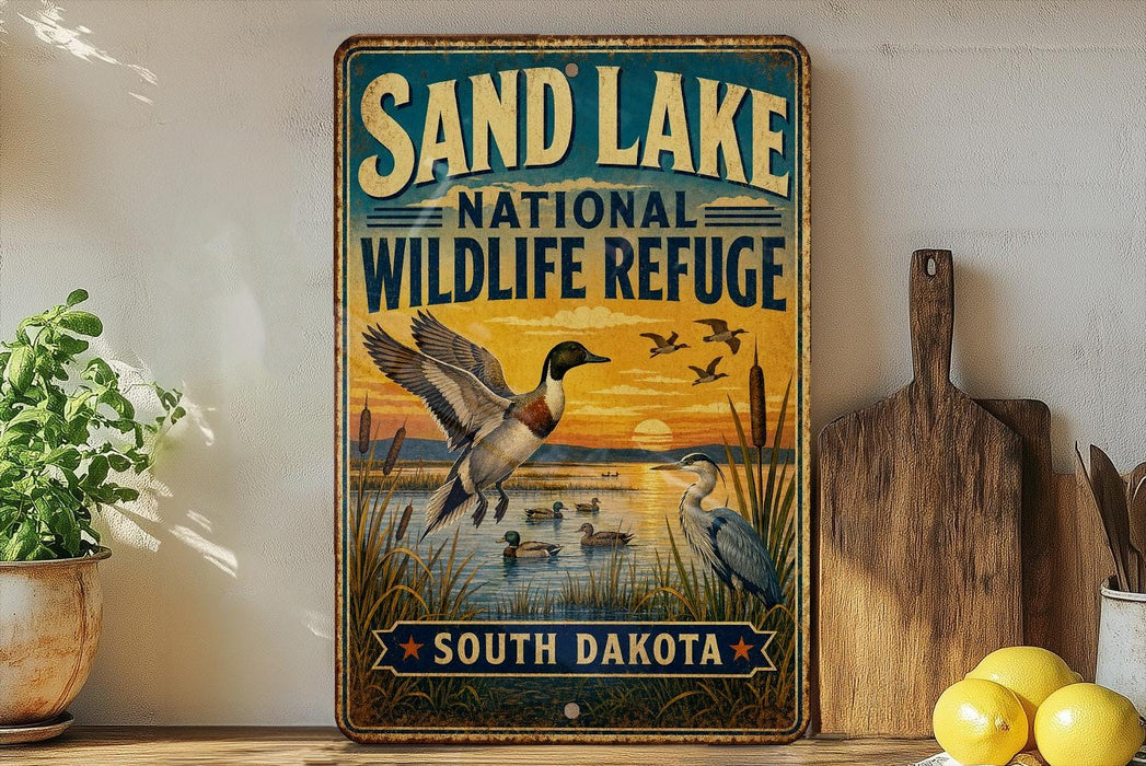 A vintage-style metal sign for the Sand Lake National Wildlife Refuge in South Dakota, featuring an illustration of ducks and other wildlife in a natural setting.