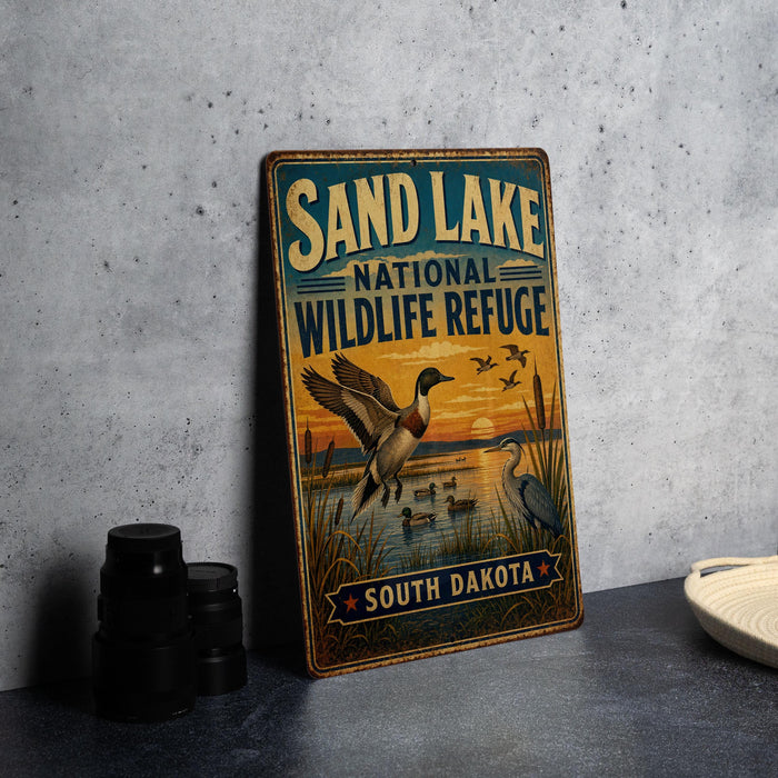 A vintage-style metal sign for the Sand Lake National Wildlife Refuge in South Dakota, featuring an illustration of ducks and other wildlife in a natural setting.