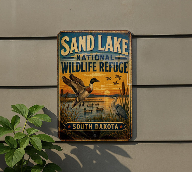 A vintage-style metal sign for the Sand Lake National Wildlife Refuge in South Dakota, featuring an illustration of ducks and other wildlife in a natural setting.