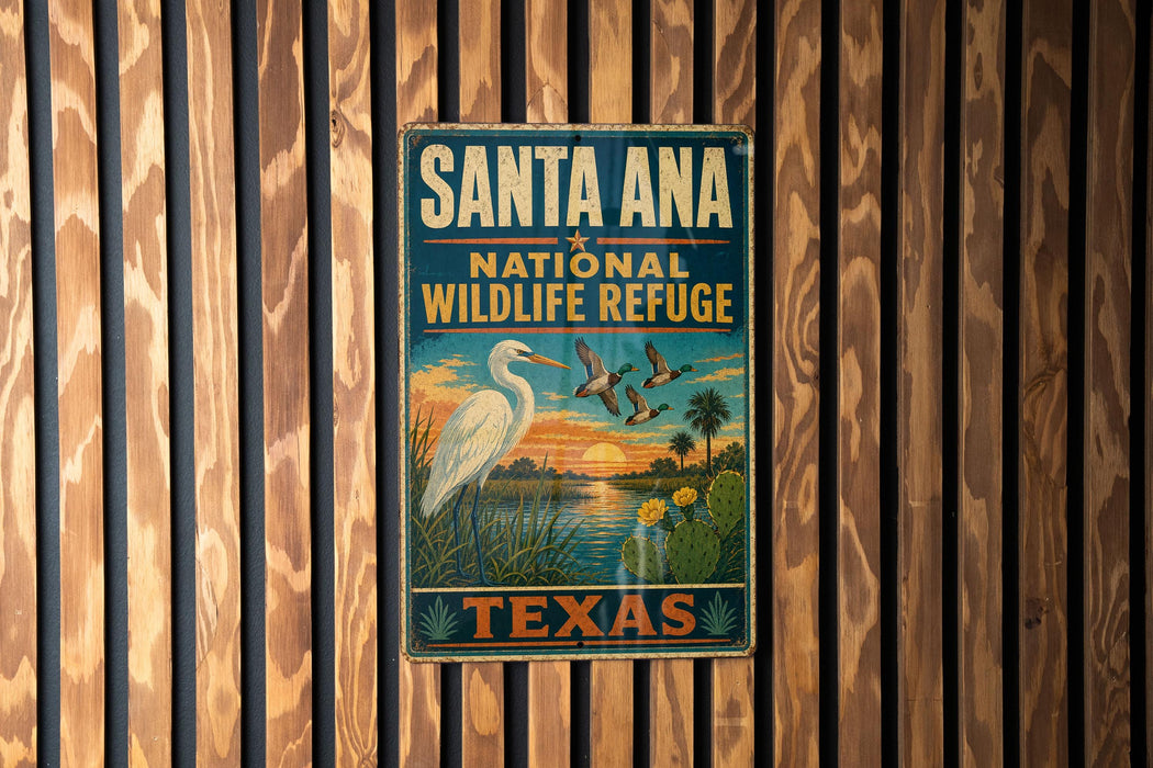 A vintage-style metal sign for the Santa Ana National Wildlife Refuge in Texas, featuring a white egret and palm trees against a sunset backdrop.