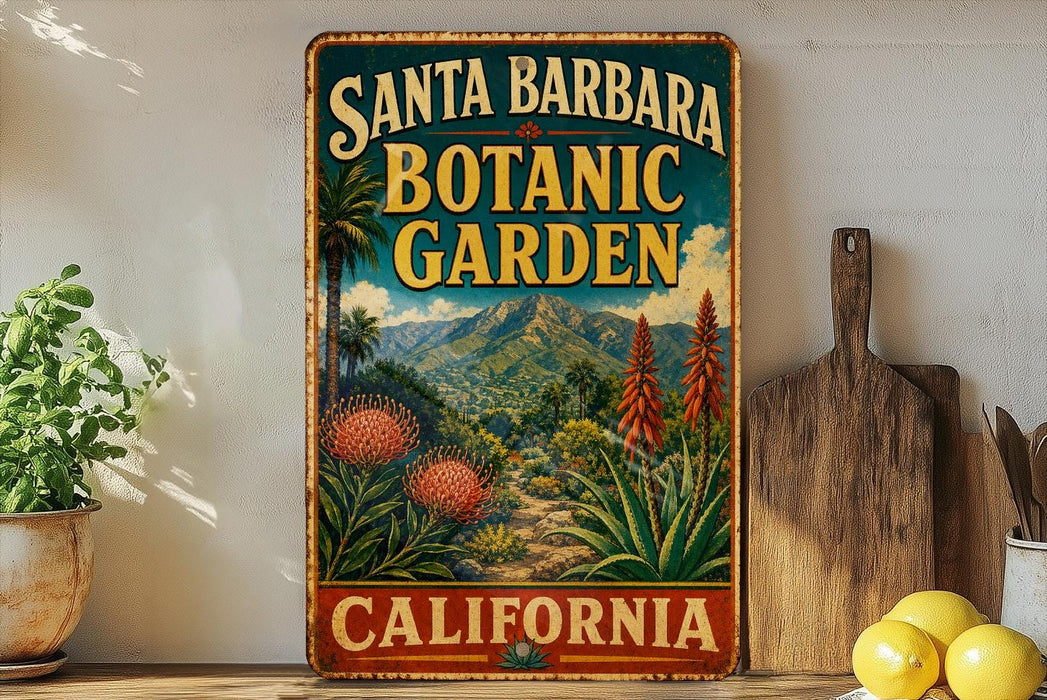 A vintage-style metal sign for Santa Barbara Botanic Garden in California, featuring a scenic landscape with mountains, palm trees, and colorful flowers.
