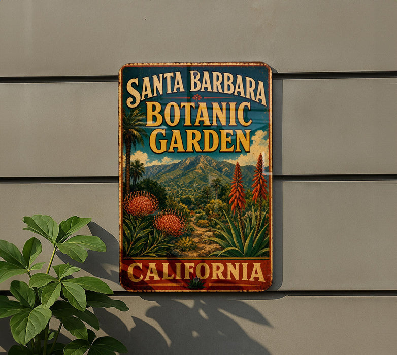 A vintage-style metal sign for Santa Barbara Botanic Garden in California, featuring a tropical landscape with palm trees, flowers, and mountains.