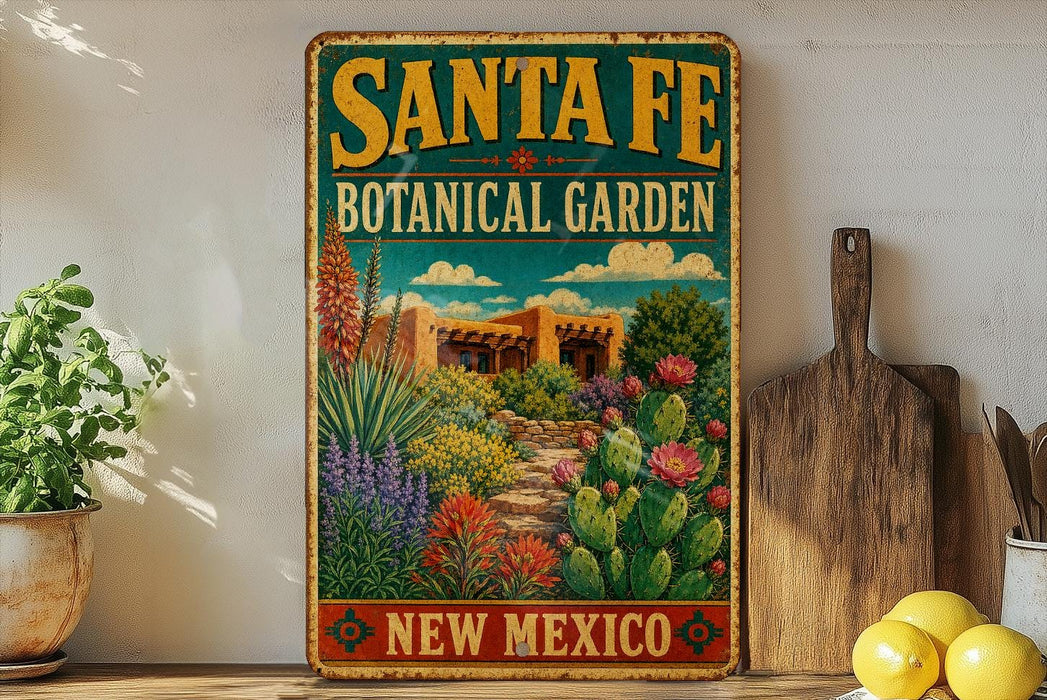 A vintage-style metal sign for Santa Fe Botanical Garden in New Mexico, featuring a colorful illustration of a desert landscape with cacti, flowers, and a building.