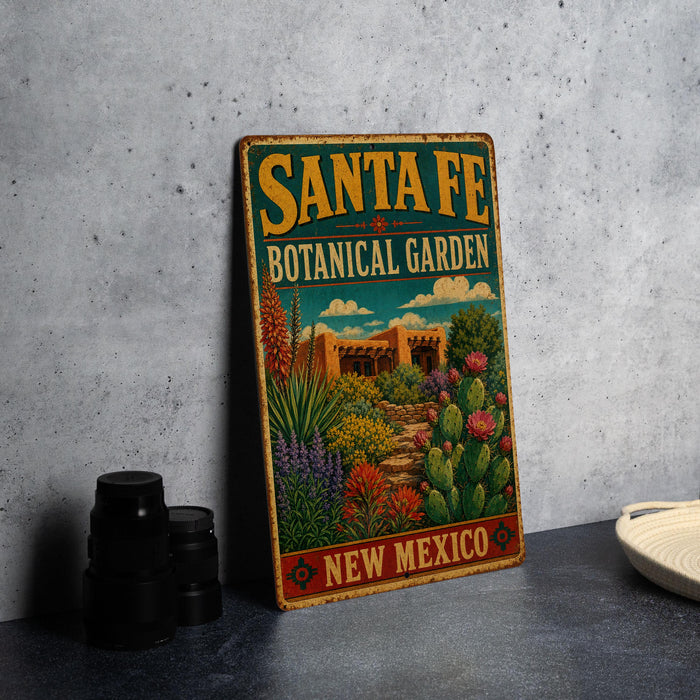 A vintage-style metal sign for the Santa Fe Botanical Garden in New Mexico, featuring colorful illustrations of desert plants and a desert landscape.