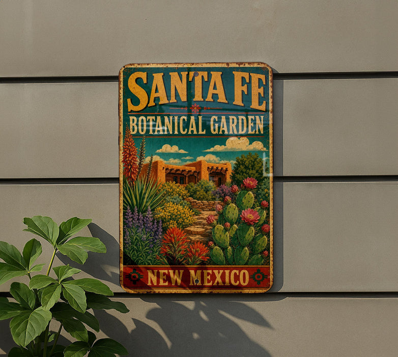 A vintage-style metal sign for the Santa Fe Botanical Garden in New Mexico, featuring a colorful illustration of desert plants and a building.