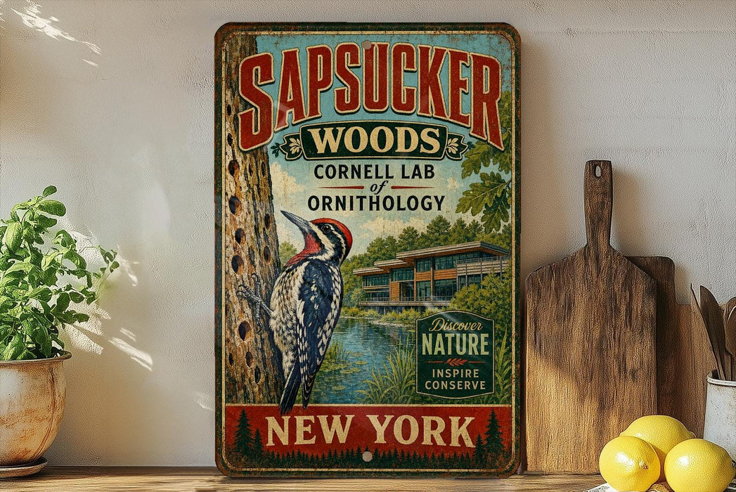 a vintage-style sign for Sapucker Woods, a college in New York, with a woodpecker illustration. The sign is displayed on a shelf next to a wooden cutting board and some lemons.