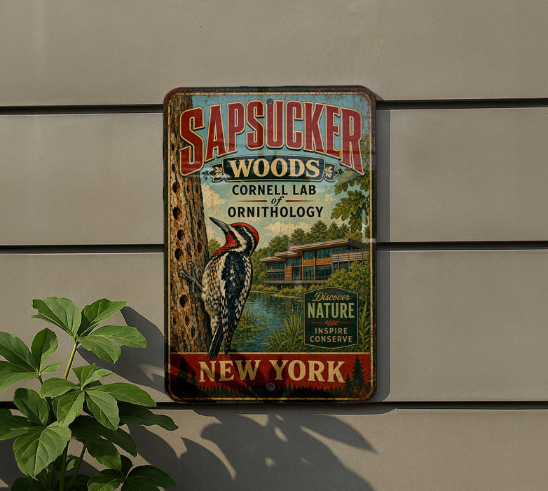 a vintage-style metal sign with a woodpecker illustration, mounted on a wall.