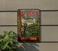 a vintage-style metal sign with a woodpecker illustration, mounted on a wall.