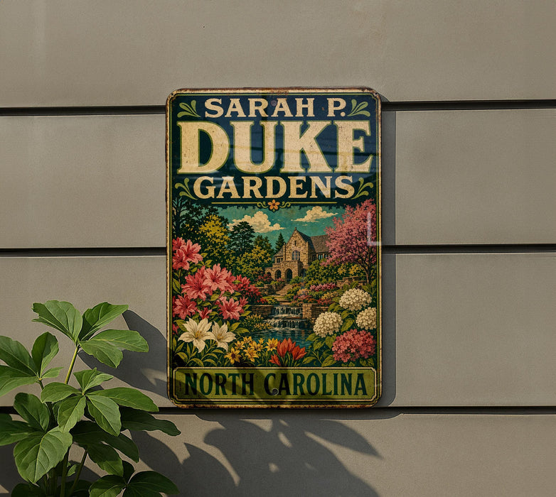 A vintage-style metal sign for "Sara P. Duke Gardens" in North Carolina, featuring a colorful illustration of a garden with flowers and a building.