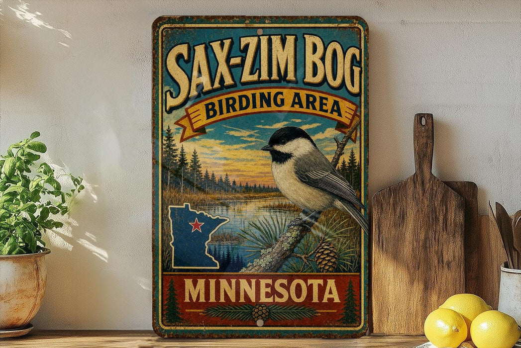 A vintage-style metal sign for the Sax-Zim Bog Birding Area in Minnesota, featuring a black and white bird perched on a pine tree branch.