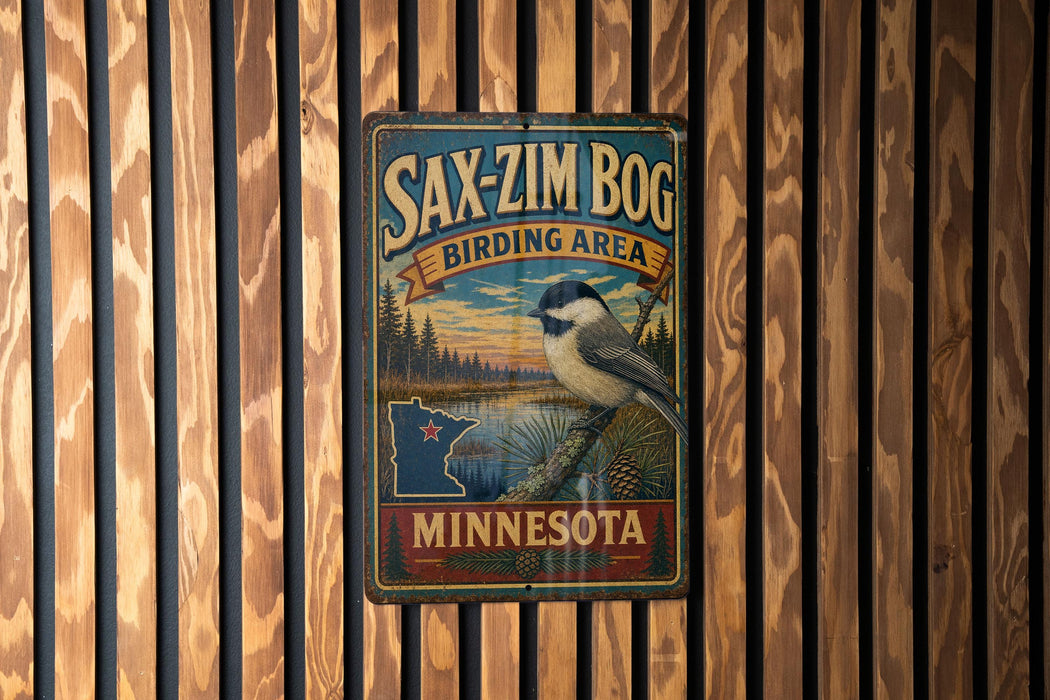 A vintage metal sign for the Sax-Zim Bog Birding Area in Minnesota, featuring a bird illustration and the text "Sax-Zim Bog Birding Area Minnesota".