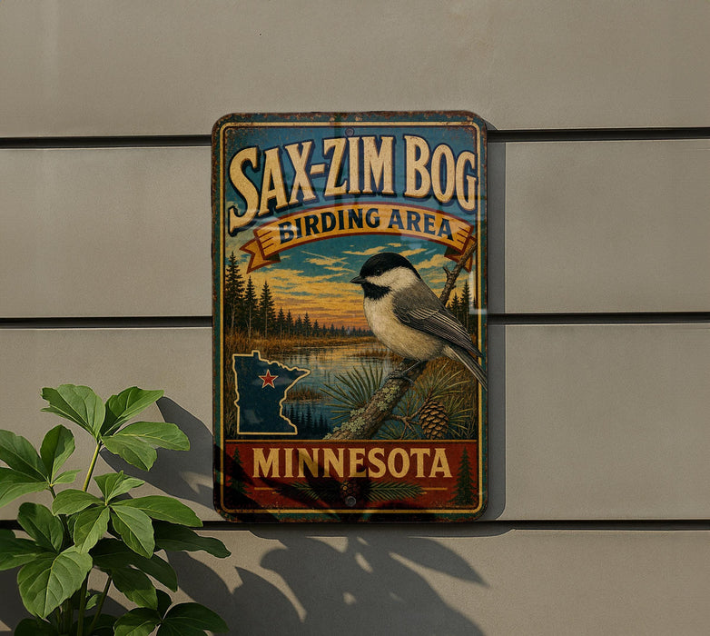 a vintage-style metal sign with a bird illustration, mounted on a wall next to a plant.