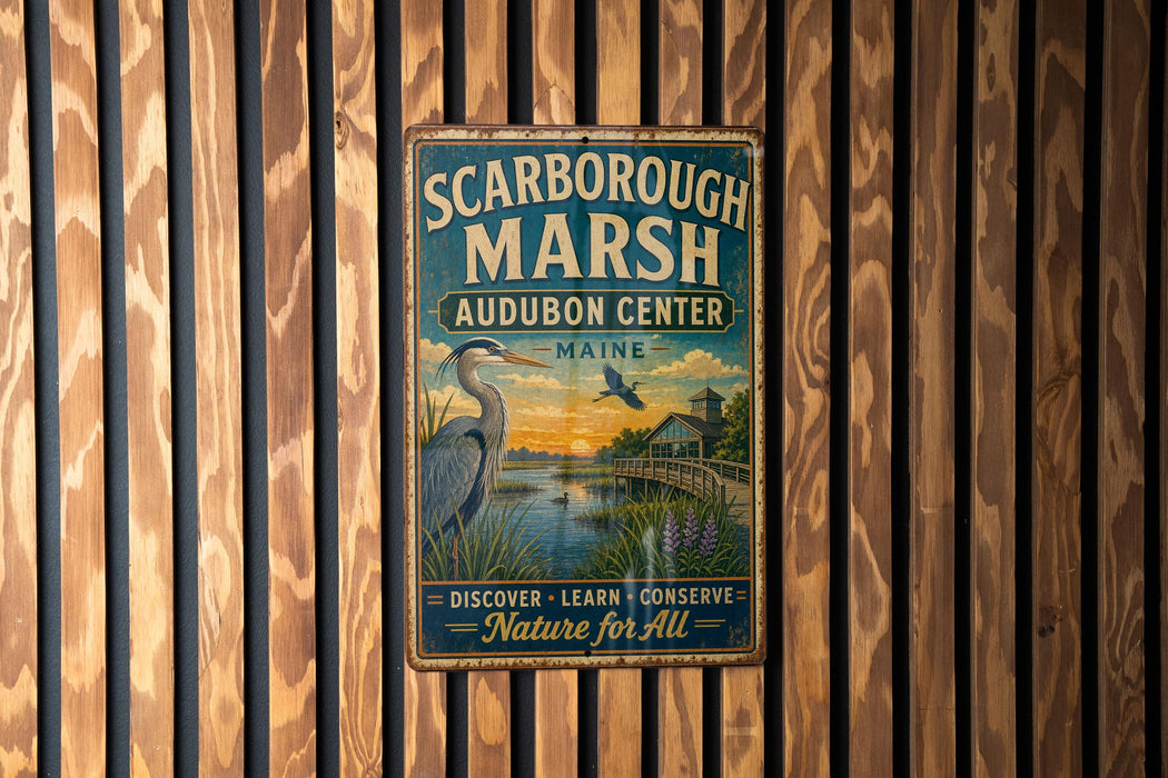 A vintage metal sign for the Audubon Center in Maine, featuring a scenic image of a bird and a body of water.