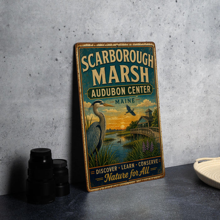 A vintage metal sign for Scarbough Marsh, Maine, featuring an illustration of a bird and a scenic landscape.
