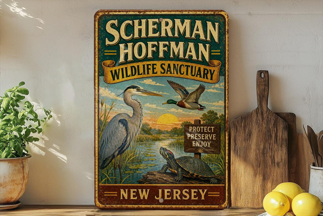 A vintage-style metal sign for the "Scherman Hoffman Wildlife Sanctuary" in New Jersey, featuring illustrations of various birds and wildlife.