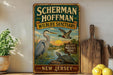 A vintage-style metal sign for the "Scherman Hoffman Wildlife Sanctuary" in New Jersey, featuring illustrations of various birds and wildlife.