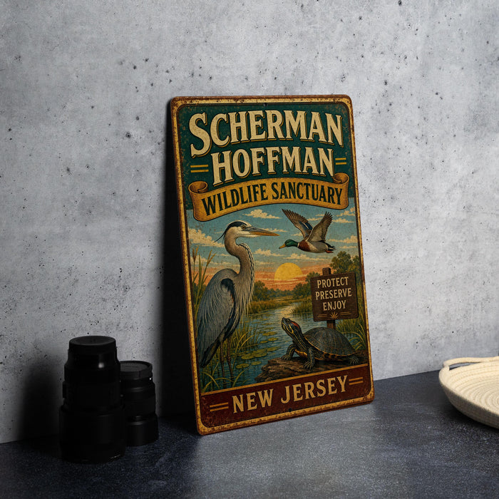 A vintage-style metal sign for the Herman Hoffman Wildlife Sanctuary in New Jersey, featuring illustrations of birds and a turtle.