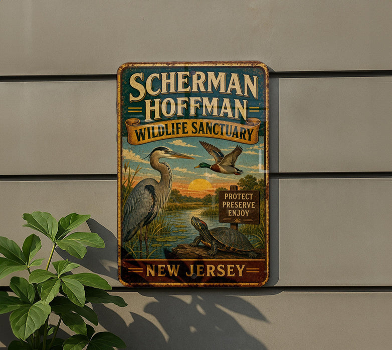 A vintage metal sign for the Scherman Hoffman Wildlife Sanctuary, featuring illustrations of birds and a turtle, is displayed on a wall next to a plant.