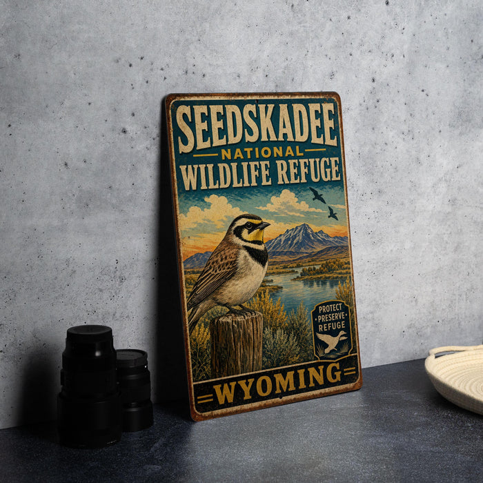 A vintage-style sign for the Seedskadee National Wildlife Refuge in Wyoming, featuring a bird perched on a tree stump against a scenic landscape.