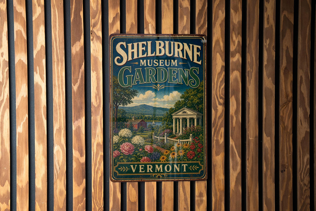 A vintage metal sign for Shelburne Museum Gardens in Vermont, featuring a scenic landscape with a house, garden, and mountains in the background.