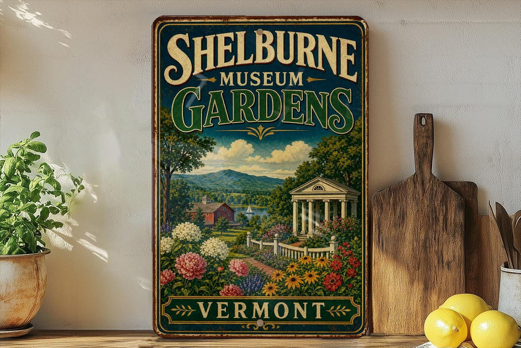 A vintage-style sign for Shelburne Museum Gardens in Vermont, featuring a scenic landscape with a building, flowers, and mountains.