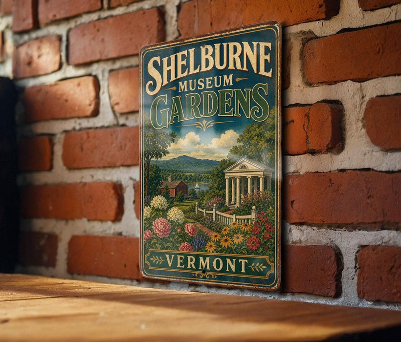 A vintage metal sign for Shelburne Museum Gardens in Vermont, featuring a scenic illustration of a garden with a building and a lake in the background.