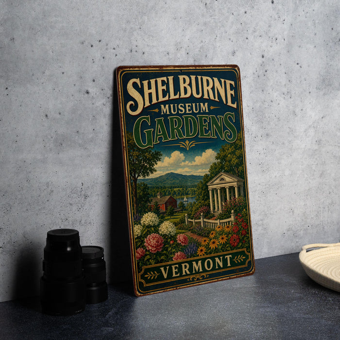 A vintage-style metal sign for the Shelburne Museum Gardens in Vermont, featuring a scenic illustration of a garden with a building and a lake in the background.
