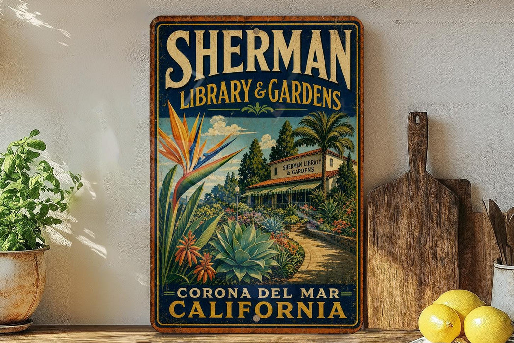 A vintage-style sign for the Sherman Library & Gardens in Corona, California, featuring a tropical garden scene with palm trees and colorful flowers.