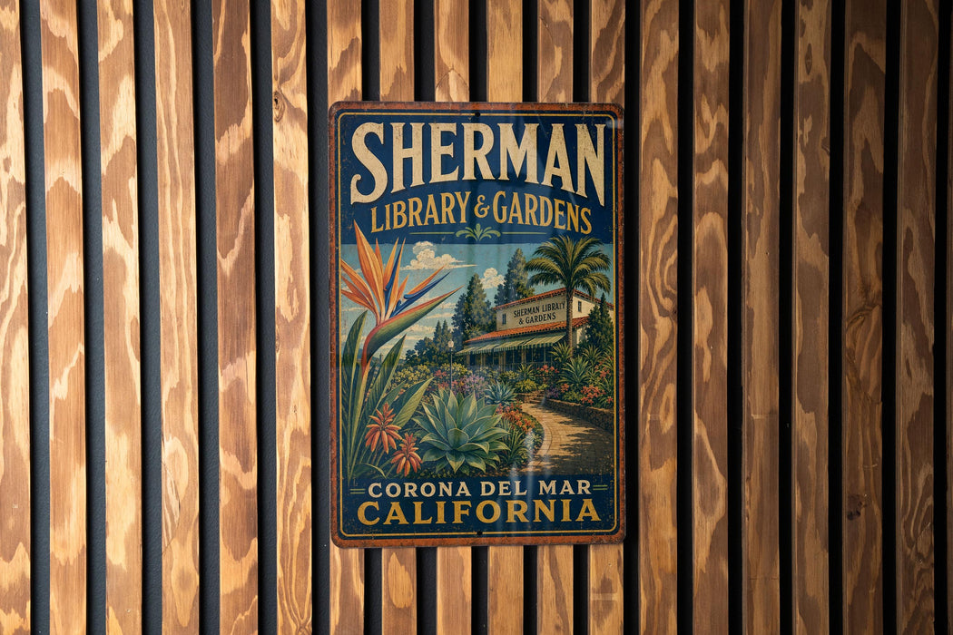 A vintage-style sign for Sherman Library & Gardens in Corona, California, featuring a tropical garden scene with palm trees and colorful flowers.