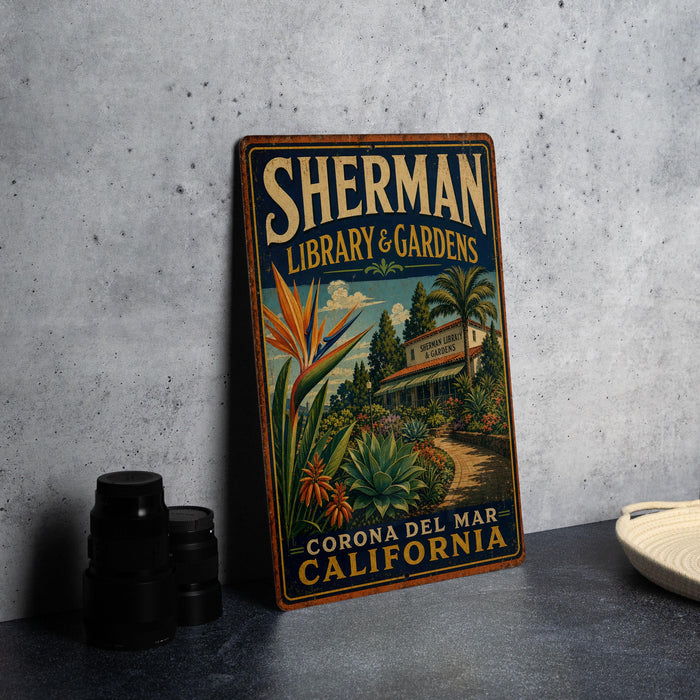 A vintage-style sign for the Sherman Library & Gardens in California, featuring a tropical garden scene with palm trees and colorful flowers.