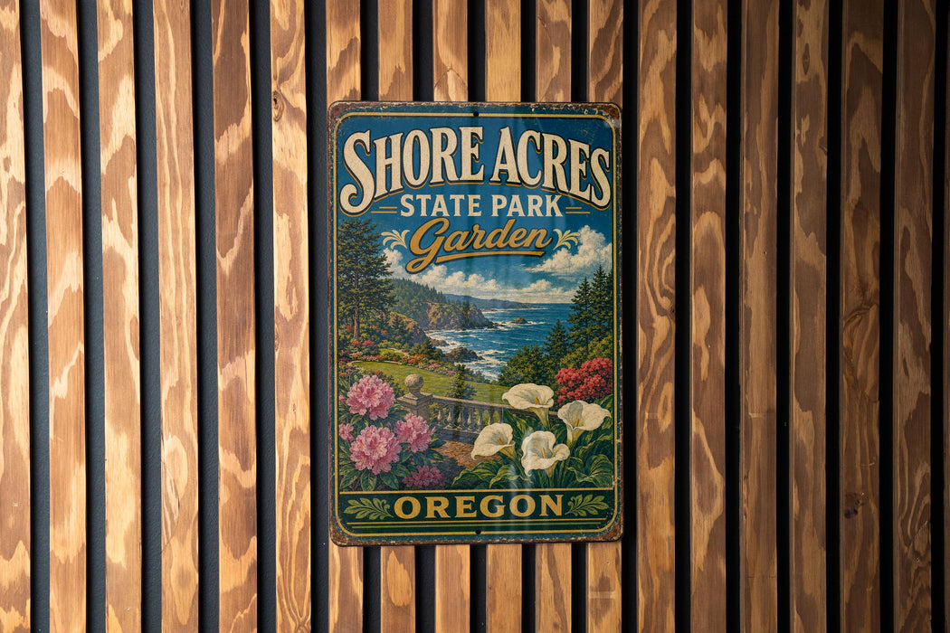 A vintage metal sign for Shore Acres State Park Garden in Oregon, featuring a scenic landscape with flowers and a body of water.