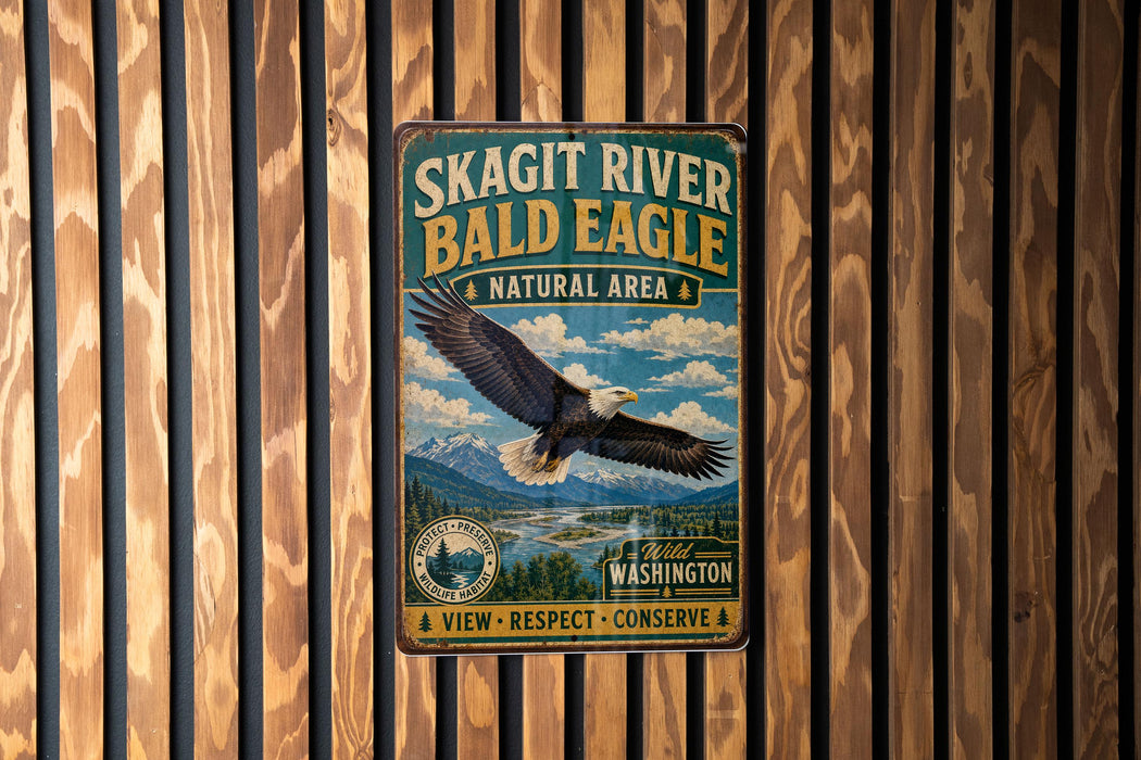 A vintage-style metal sign for the Skagit River Bald Eagle Natural Area, featuring an eagle in flight and a scenic landscape.