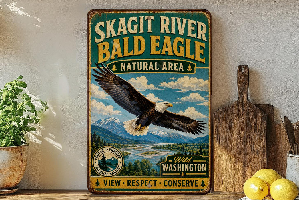 A vintage-style metal sign for the Skagit River Bald Eagle Natural Area, featuring an eagle in flight over a scenic landscape.