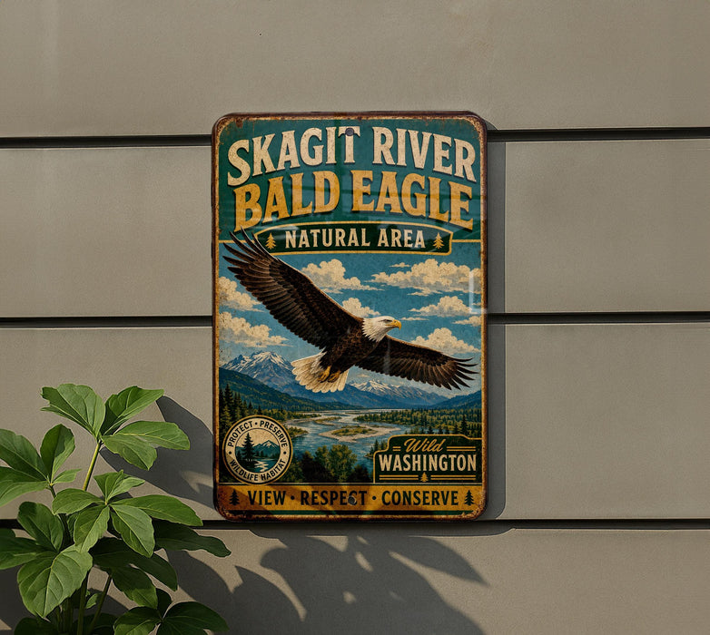 A vintage-style metal sign for the Skagit River Bald Eagle Natural Area, featuring an eagle in flight and a scenic landscape.