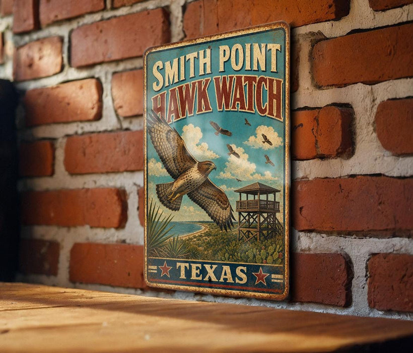 A vintage metal sign with the text "SMITH POINT HAWK WATCH" and an illustration of a hawk in flight, mounted on a brick wall.
