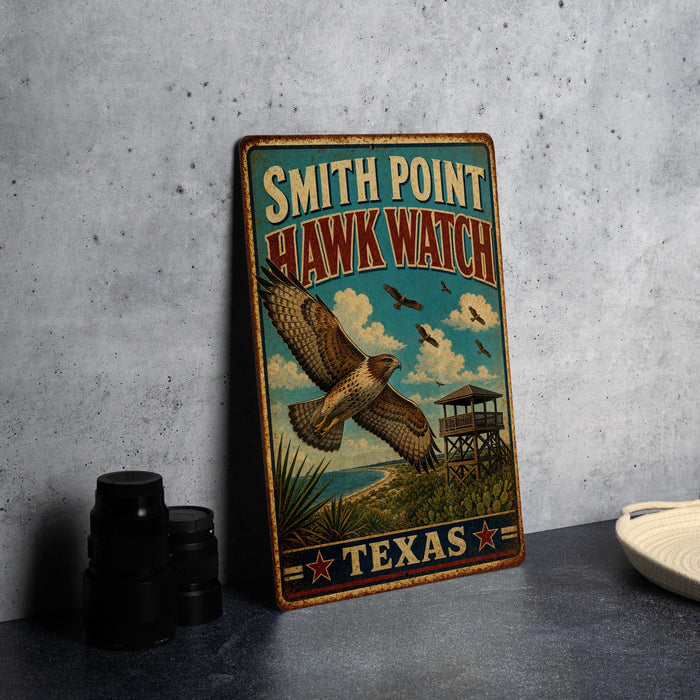 A vintage metal sign for Smith Point Hawk Watch in Texas, featuring an illustration of a hawk in flight and a lifeguard tower.