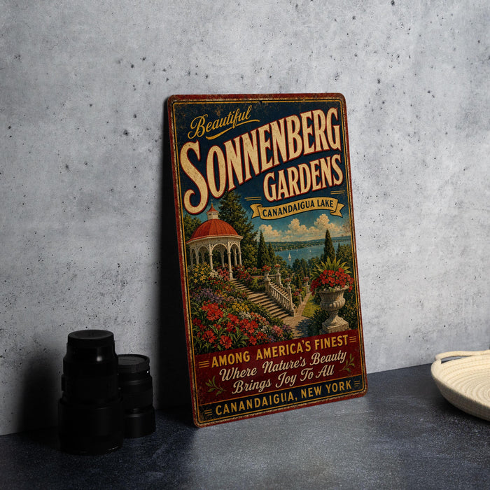 A vintage-style sign for Sonnenberg Gardens, featuring a scenic illustration of the gardens and a lake, is displayed on a gray wall.