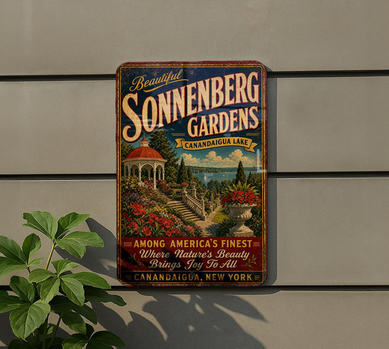 A vintage-style sign for Sonnenberg Gardens in Canadaauqua Lake, New York, featuring a scenic illustration of a garden with a gazebo and a lake in the background.