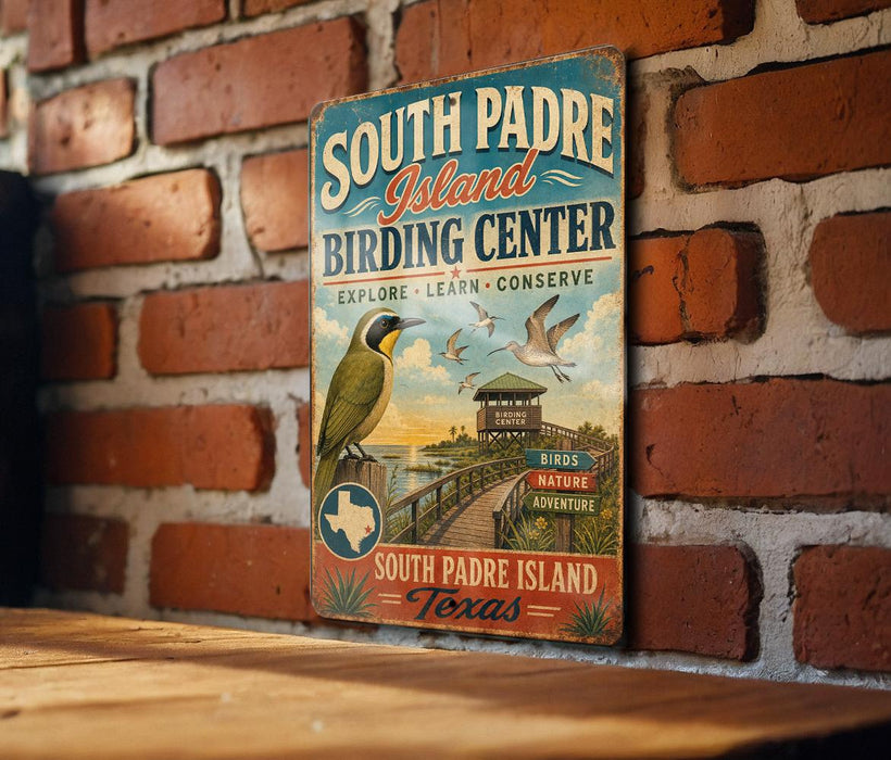 A vintage-style sign for the South Padre Island Birding Center in Texas, featuring a bird illustration and text promoting birdwatching and conservation.
