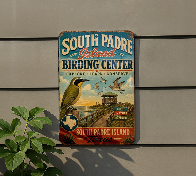 A vintage-style metal sign for the South Padre Island Birding Center, featuring a bird illustration and text promoting the center's offerings.