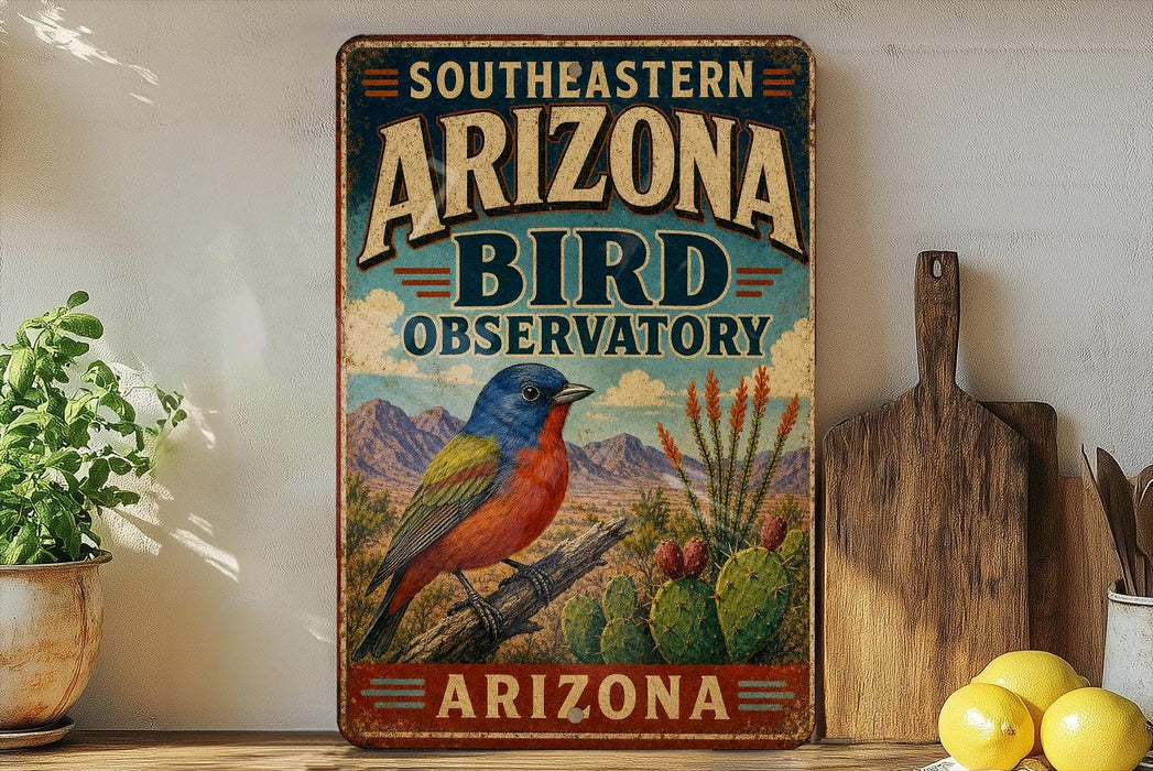 A vintage-style sign for the Southeastern Arizona Bird Observatory, featuring a colorful illustration of a bird perched on a cactus plant.