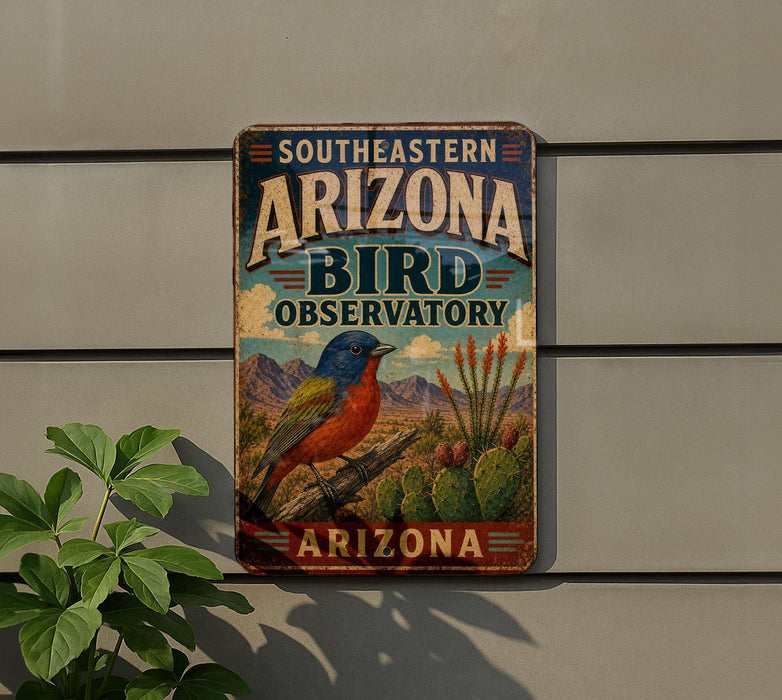 A vintage-style sign for the Southeastern Arizona Bird Observatory, featuring a colorful illustration of a bird and desert landscape.