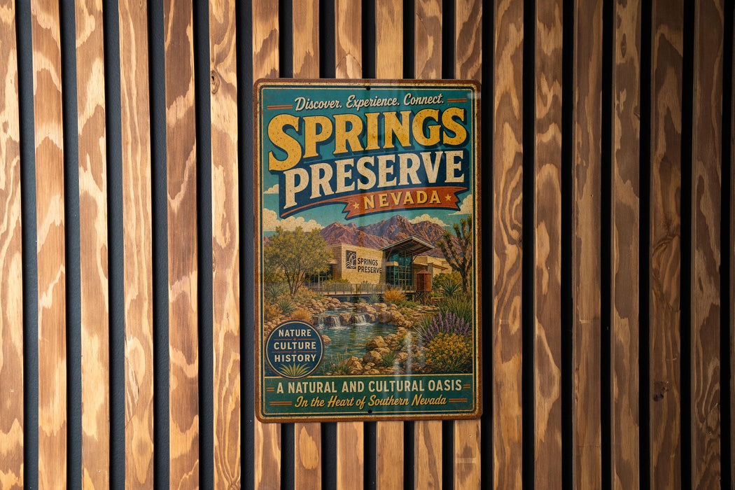 A vintage-style metal sign for Springs Preserve, Nevada, featuring a scenic image of the preserve surrounded by natural landscapes and a building.