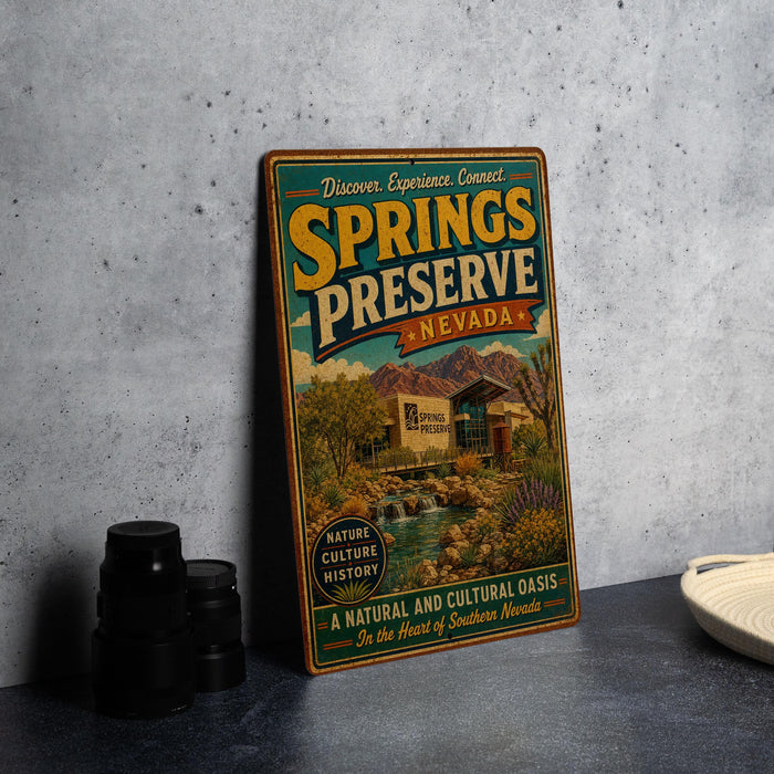 A vintage-style metal sign for Springs Preserve, Nevada, featuring a scenic landscape with mountains and a building, is displayed on a gray countertop next to a stack of black camera lenses.