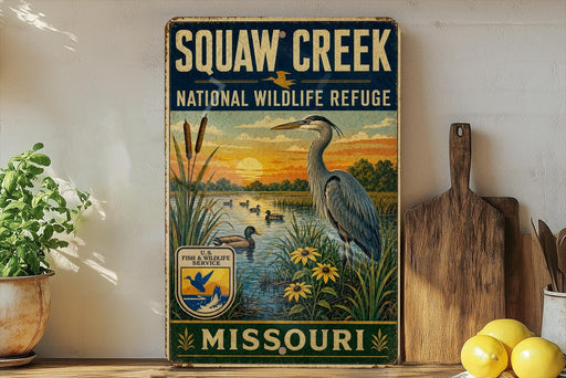 A vintage-style sign for Squaw Creek National Wildlife Refuge in Missouri, featuring an illustration of a heron and ducks in a pond with a sunset in the background.
