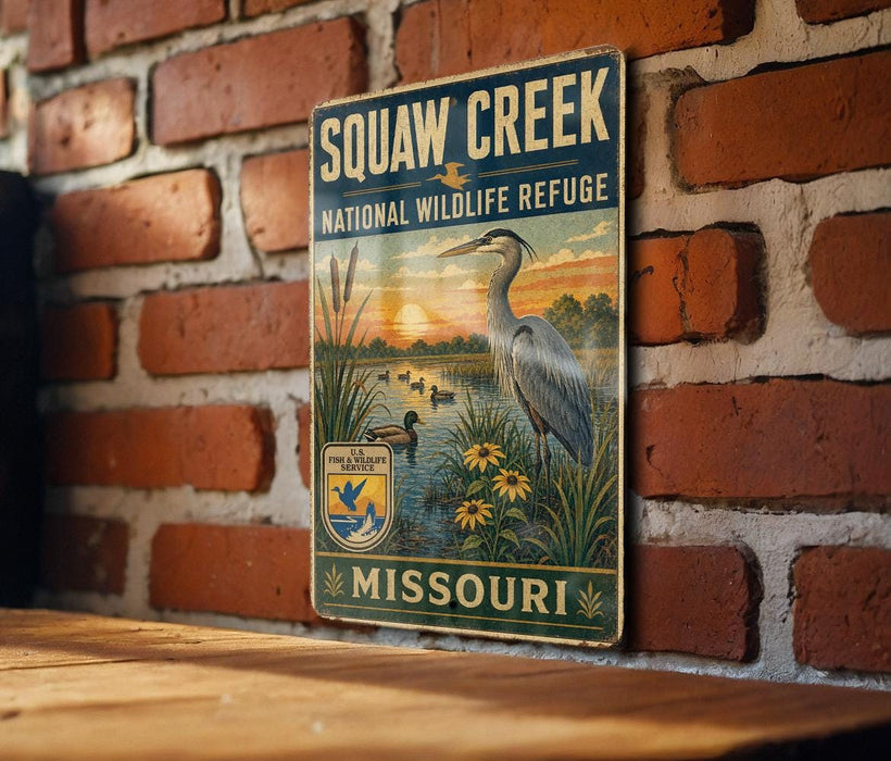 A vintage-style metal sign for Squaw Creek National Wildlife Refuge in Missouri, featuring an illustration of a heron and ducks in a pond.