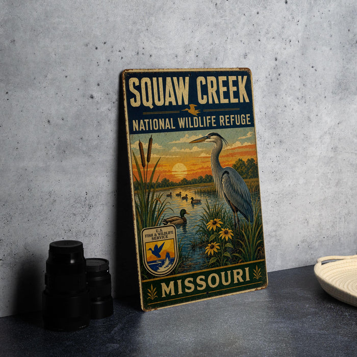 A vintage-style metal sign for Squaw Creek National Wildlife Refuge in Missouri, featuring an illustration of a bird and a sunset landscape.