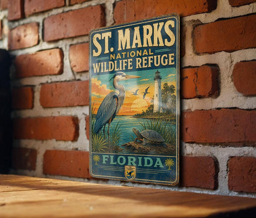 A vintage-style metal sign for St. Marks National Wildlife Refuge in Florida, featuring an illustration of a heron and a lighthouse.